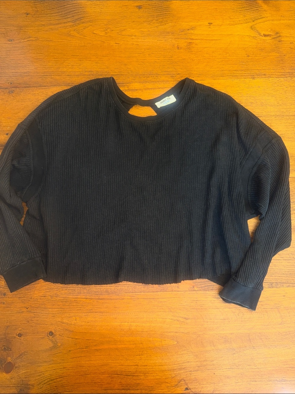 Double Zero Black Cropped Waffle-Knit Long Sleeve Top